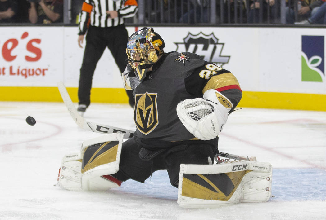 Vegas Golden Knights goaltender Marc-Andre Fleury (29) makes a save in the second period during ...