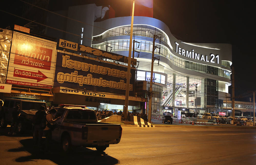 Vehicles block the road in front of Terminal 21 Korat mall in Nakhon Ratchasima, Thailand on Su ...