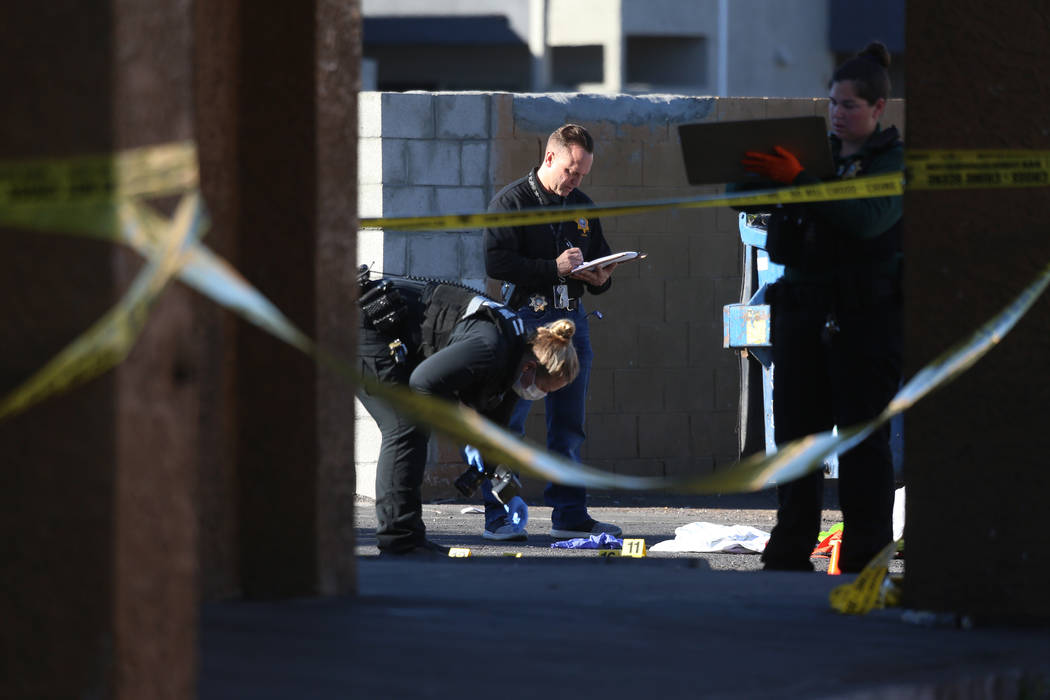 Police investigate a homicide in a shopping center at the intersection near Swenson Street and ...