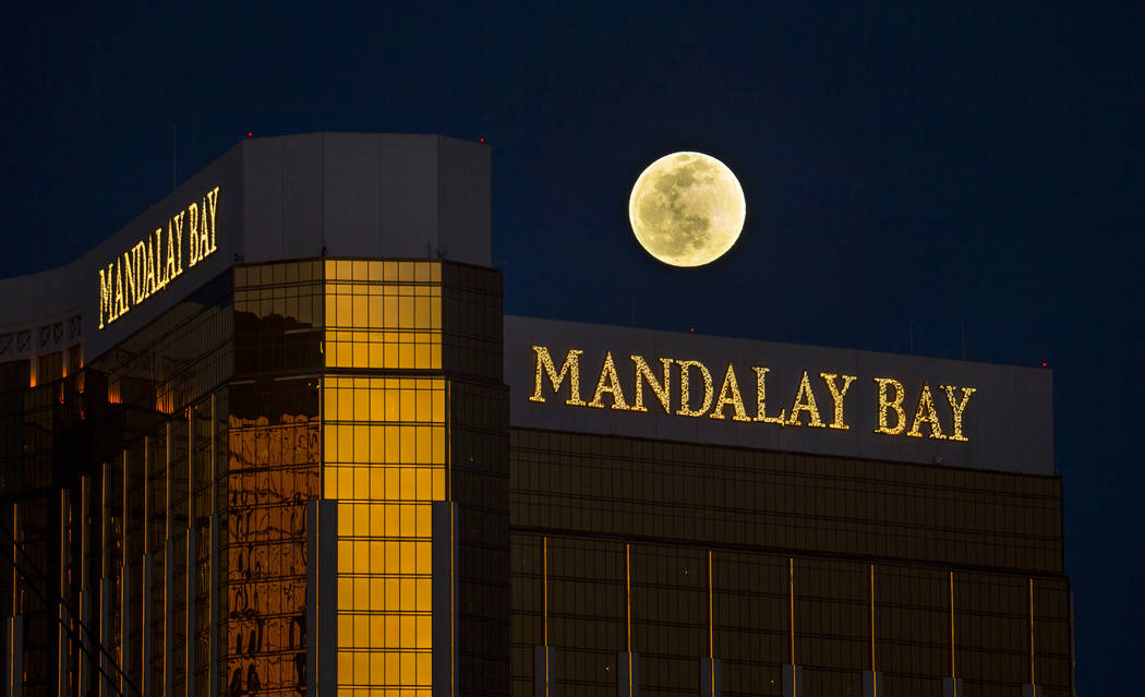 The Snow Moon rises above the Mandalay Bay on Saturday, Feb. 8, 2020, in Las Vegas. (L.E. Basko ...