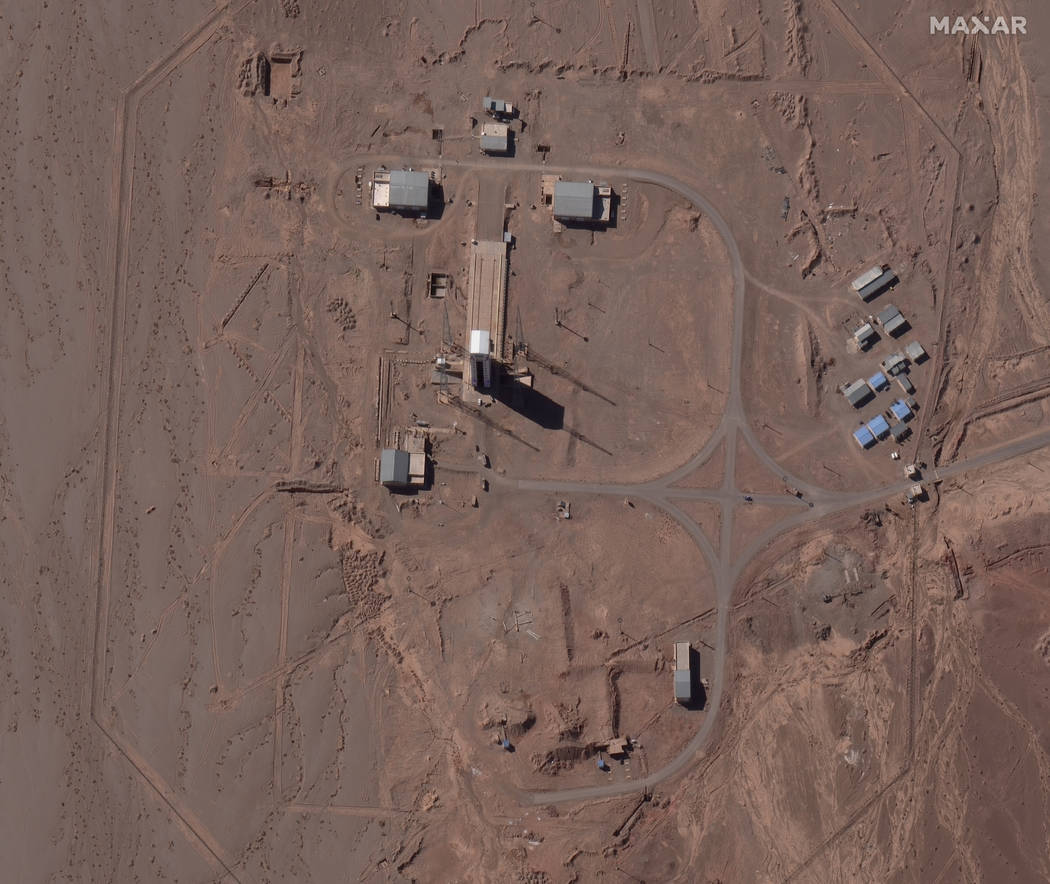 This Feb. 4, 2020 satellite image from Maxar Technologies, shows preparations at a rocket launc ...