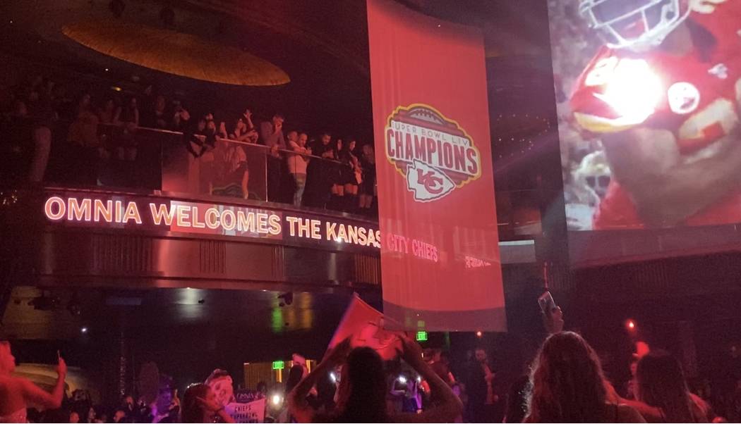 The scene at the Kansas City Chiefs' victory party at Omnia Nightclub at Caesars Palace on Satu ...