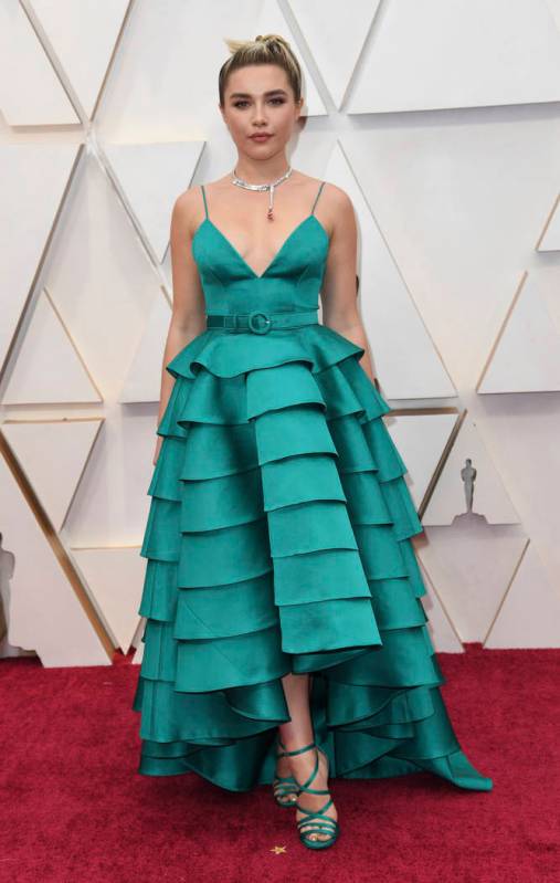 Florence Pugh arrives at the Oscars on Sunday, Feb. 9, 2020, at the Dolby Theatre in Los Angele ...