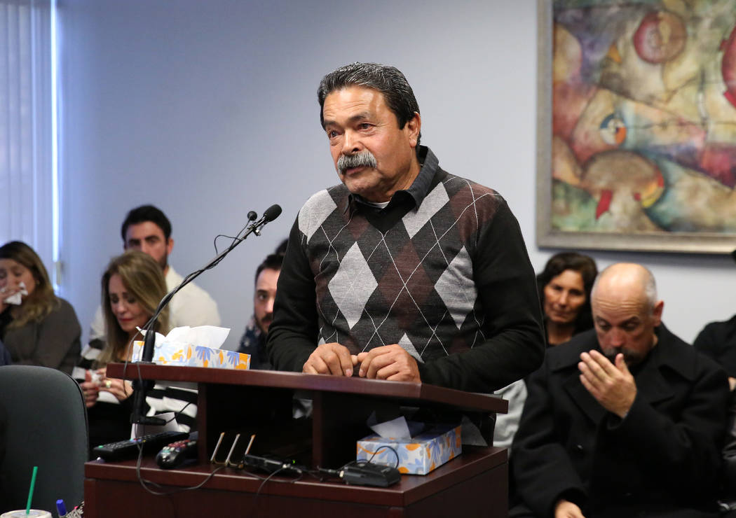 Luis Campos, father of 45-year-old Luis Campos, speaks to parole board opposing an early releas ...