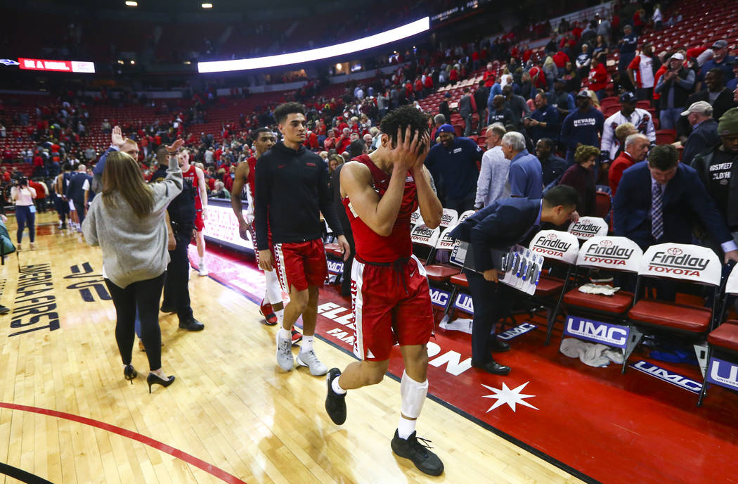 UNLV's Marvin Coleman reacts after losing to UNR in overtime in their basketball game at the Th ...
