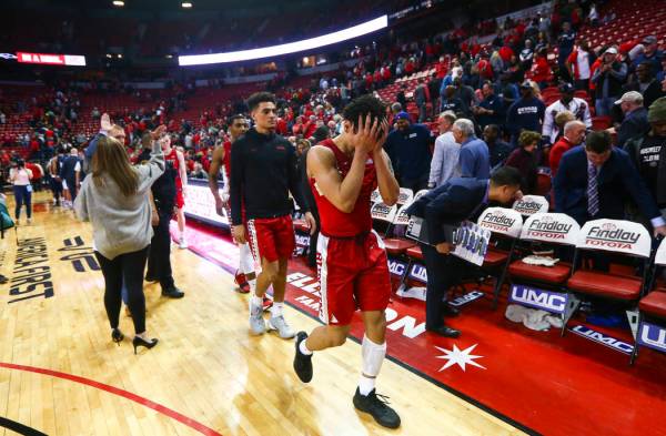UNLV's Marvin Coleman reacts after losing to UNR in overtime in their basketball game at the Th ...