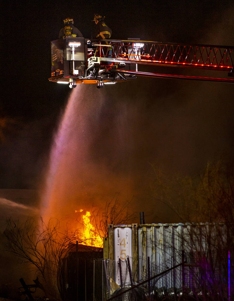 North Las Vegas Fire and Las Vegas Fire departments knock down a fire on Monday, Feb. 10, 2020, ...