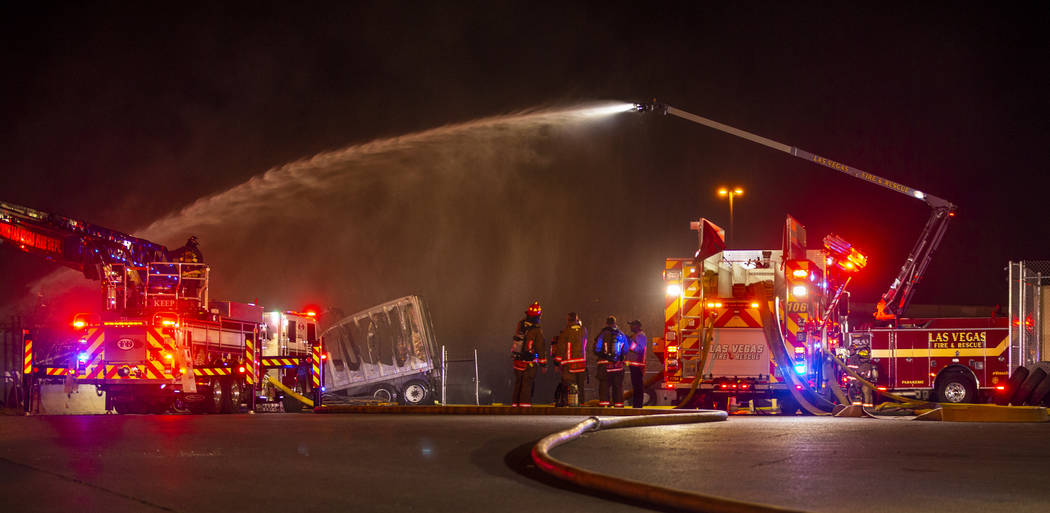 North Las Vegas Fire and Las Vegas Fire departments knock down a fire on Monday, Feb. 10, 2020, ...