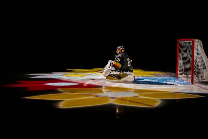 Vegas Golden Knights goaltender Marc-Andre Fleury (29) is announced before the start of an NHL ...