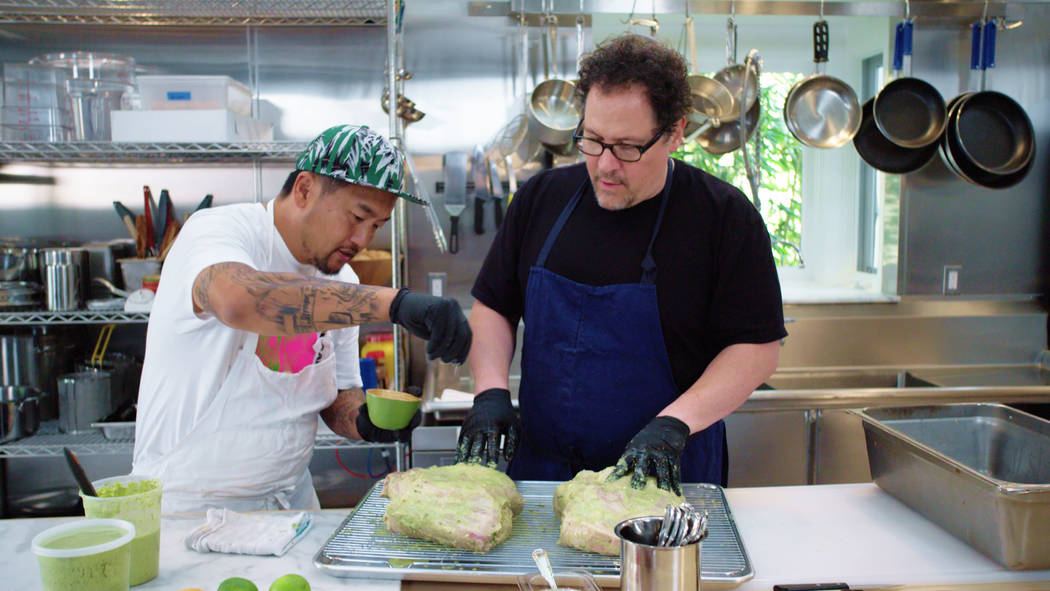 Roy Choi and Jon Favreau appear in a scene from "The Chef Show." (Netflix)