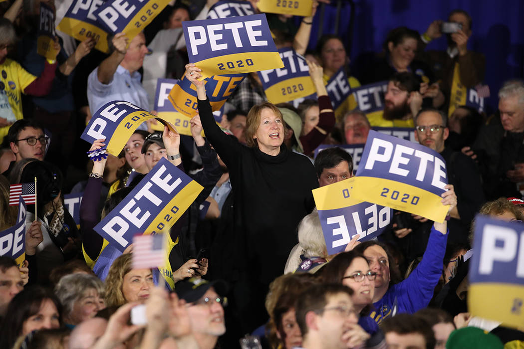 Supporters of Democratic presidential candidate former South Bend, Ind., Mayor Pete Buttigieg c ...