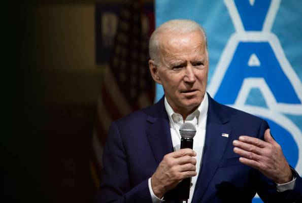 Presidential candidate Joe Biden speaks at a campaign event at Rancho High School on Saturday, ...