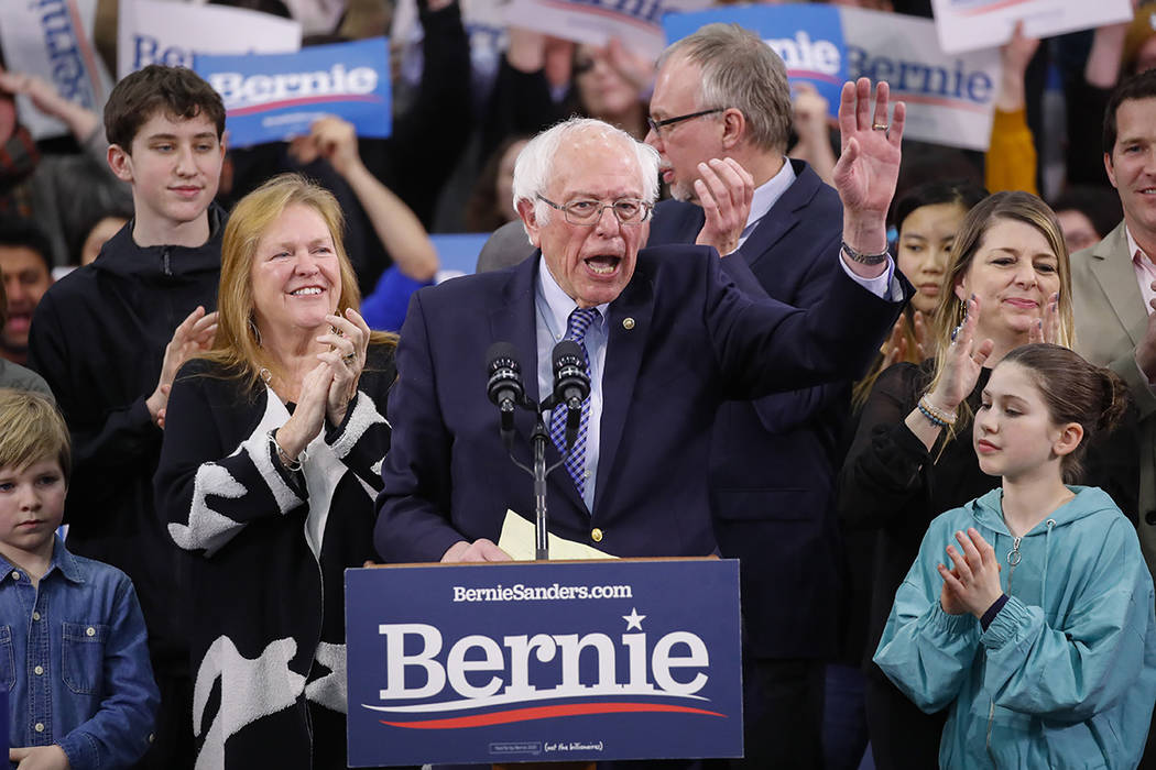 Democratic presidential candidate Sen. Bernie Sanders, I-Vt., speaks to supporters at a primary ...