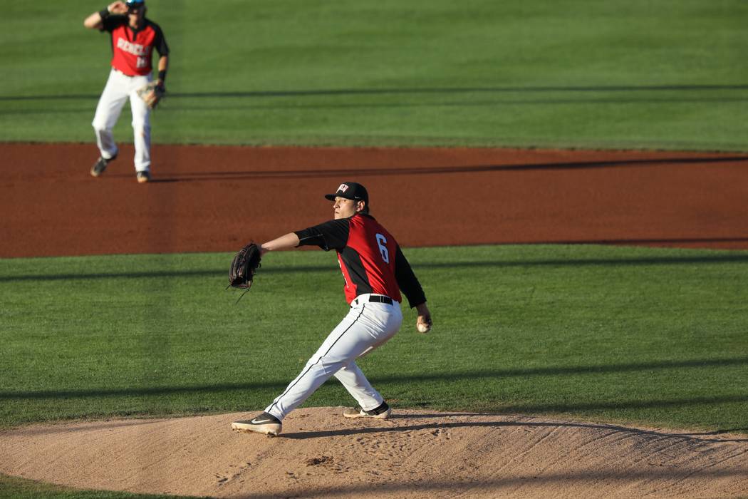 UNLV senior pitcher Ryan Hare in action against New Mexico on March 30, 2019, at Wilson Stadium ...