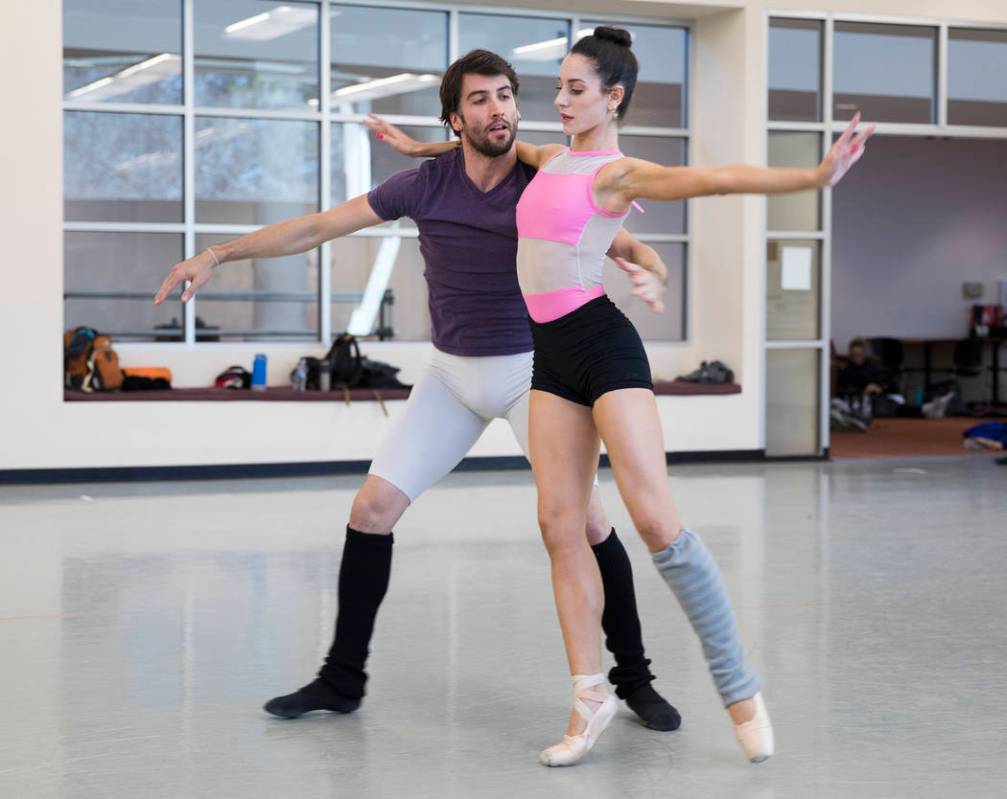 Dancers Sergio Alvarez, left, and Mirella Costa Neto, right, rehearse an act from "The Current ...