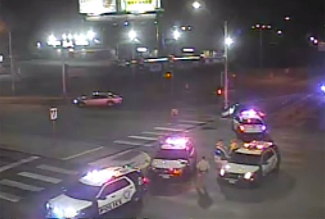 Las Vegas police block off Charleston Boulevard after a crash Wednesday, Feb. 12, 2020. (RTC ca ...