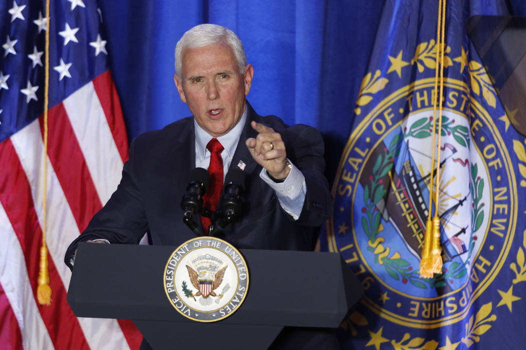 Vice President Mike Pence speaks at a Cops for Trump campaign rally, Monday, Feb. 10, 2020, in ...