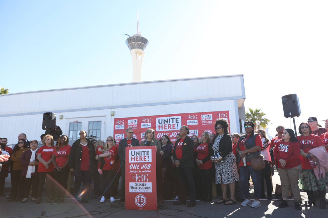 Culinary Union Local 226 holds a news conference in Las Vegas, Thursday, Feb.13, 2020, to annou ...