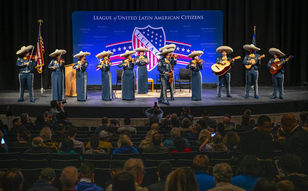 A mariachi band plays for attendees before the start of the LULAC Presidential Town Hall Nevada ...