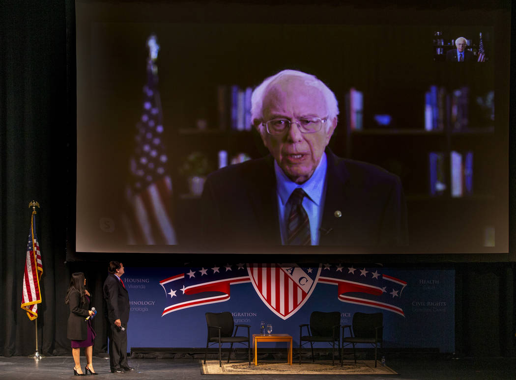 Sen. Bernie Sanders, I-Vt., fields questions from Leticia Castro and Domingo Garcia of the Leag ...