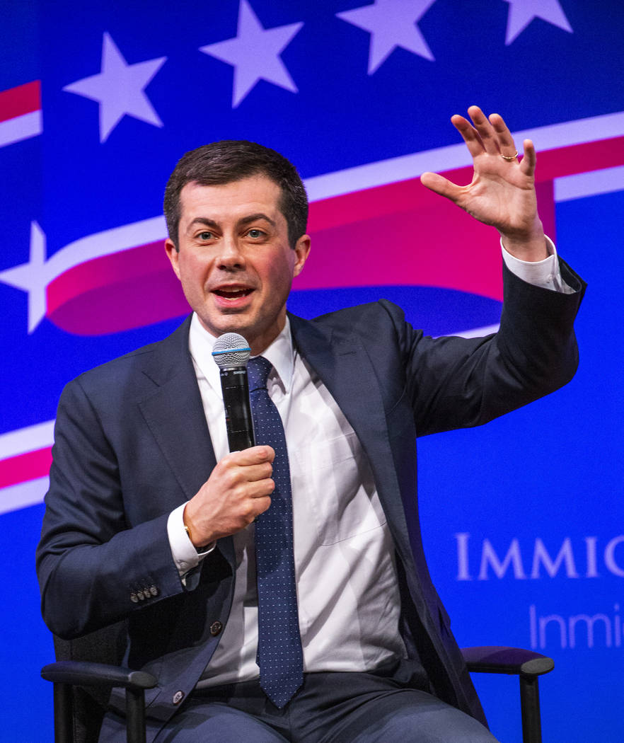 Former South Bend, Ind., Mayor Pete Buttigieg answers questions from the audience during the Le ...