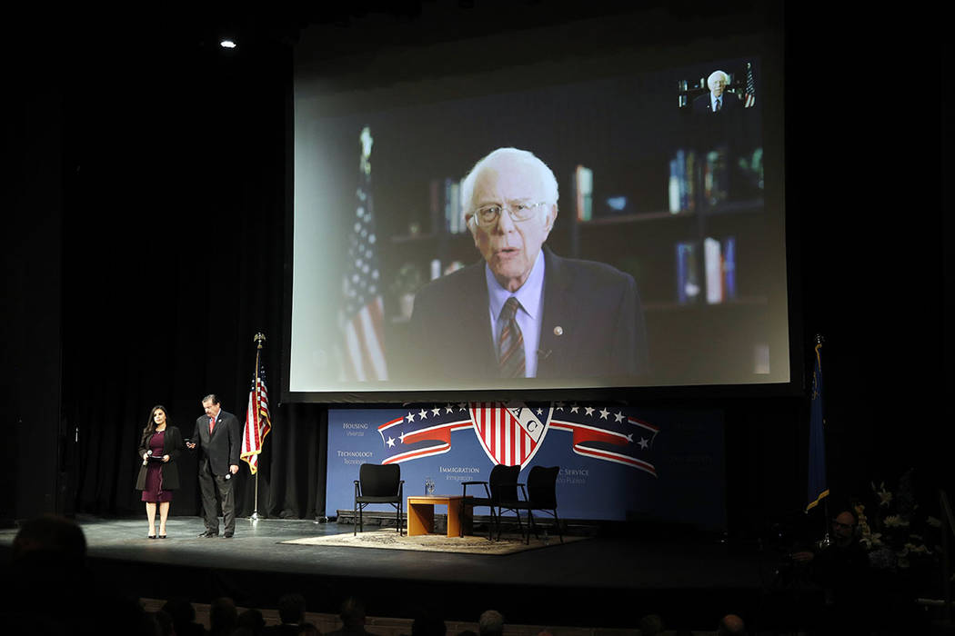 Democratic presidential candidate Sen. Bernie Sanders, I-Vt., speaks via teleconference to the ...