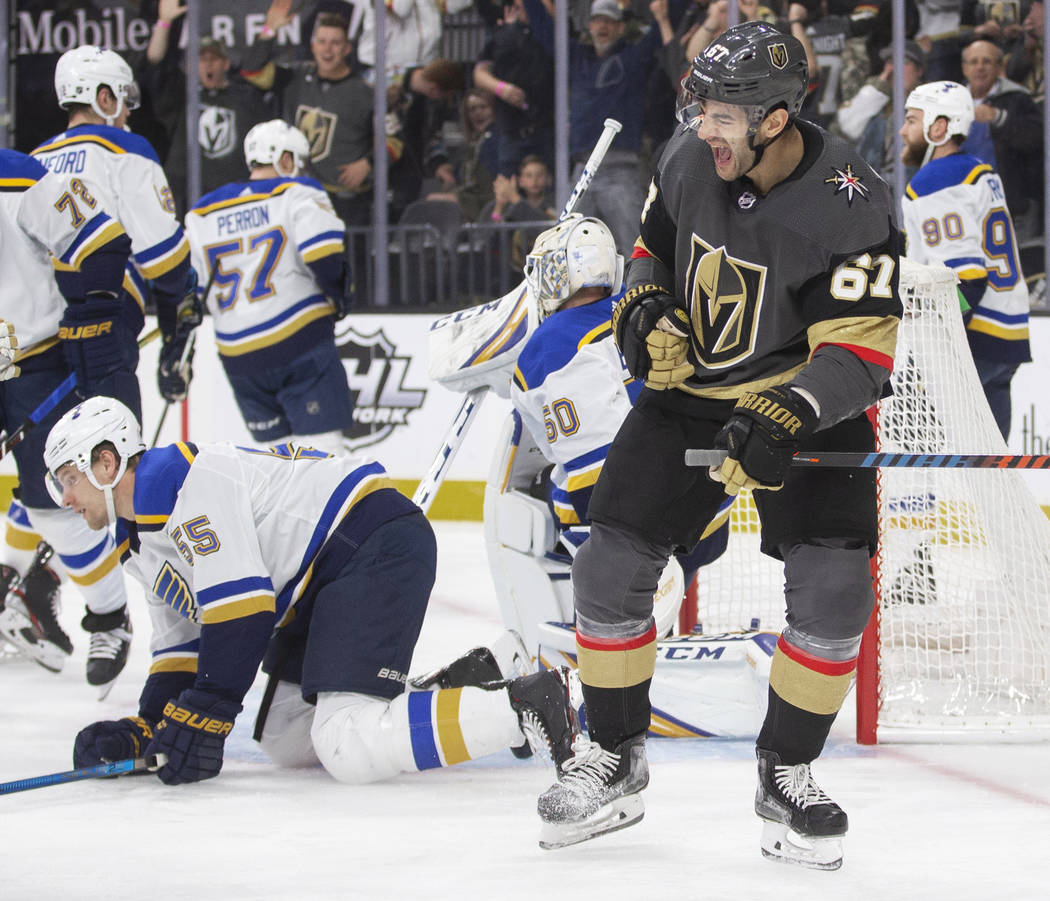 Vegas Golden Knights left wing Max Pacioretty (67) celebrates after scoring against St. Louis B ...
