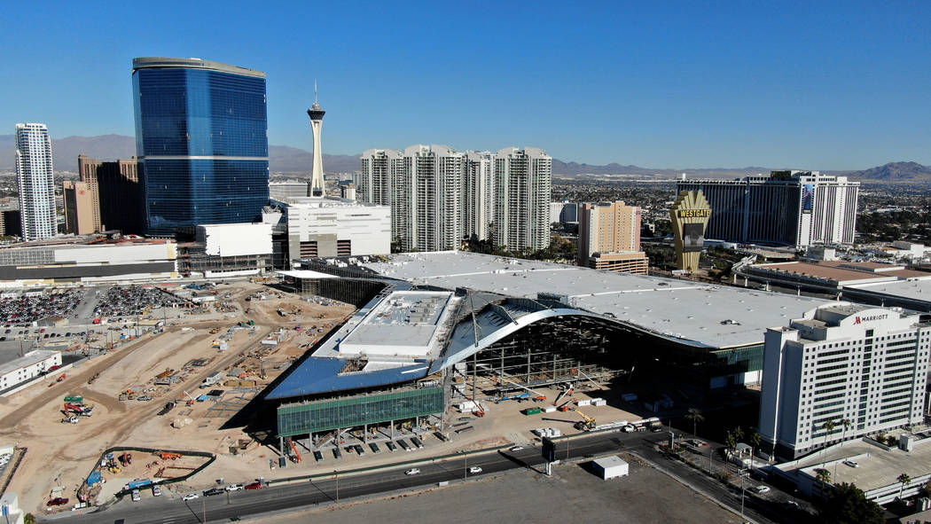 An aerial view of the Las Vegas Convention Center expansion under construction on Tuesday, Dece ...
