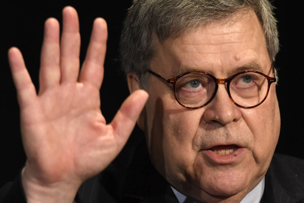 In a Feb. 10, 2020. file photo, Attorney General William Barr speaks at the National Sheriffs' ...