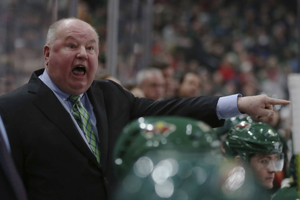 Minnesota Wild's head coach Bruce Boudreau shouts after a penalty call in the second period of ...