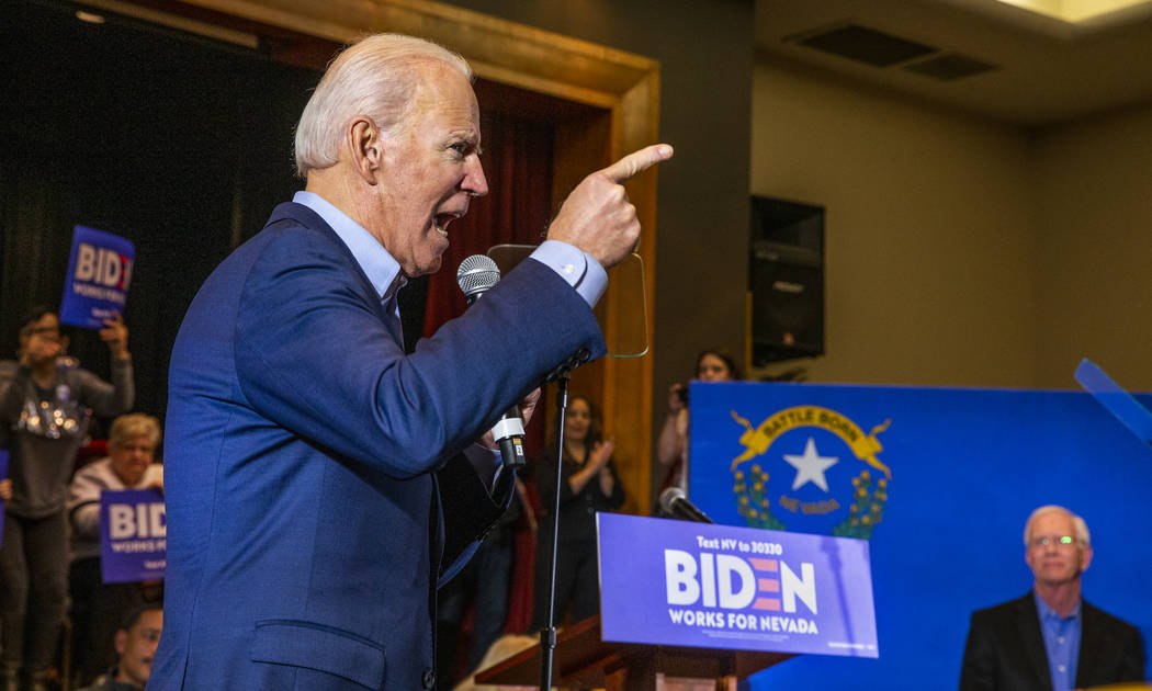 Former Vice President Joe Biden makes a point during an early vote event at Sun City Macdonald ...