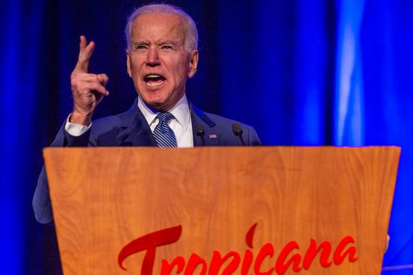 Former Vice President Joe Biden talks about healthcare during the Clark County Democrats Kick O ...