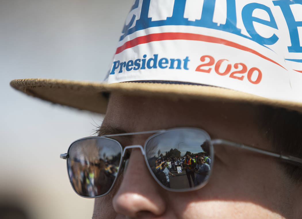 Stephen Daley of Las Vegas is decked out in Bernie Sanders gear during the "March to the P ...