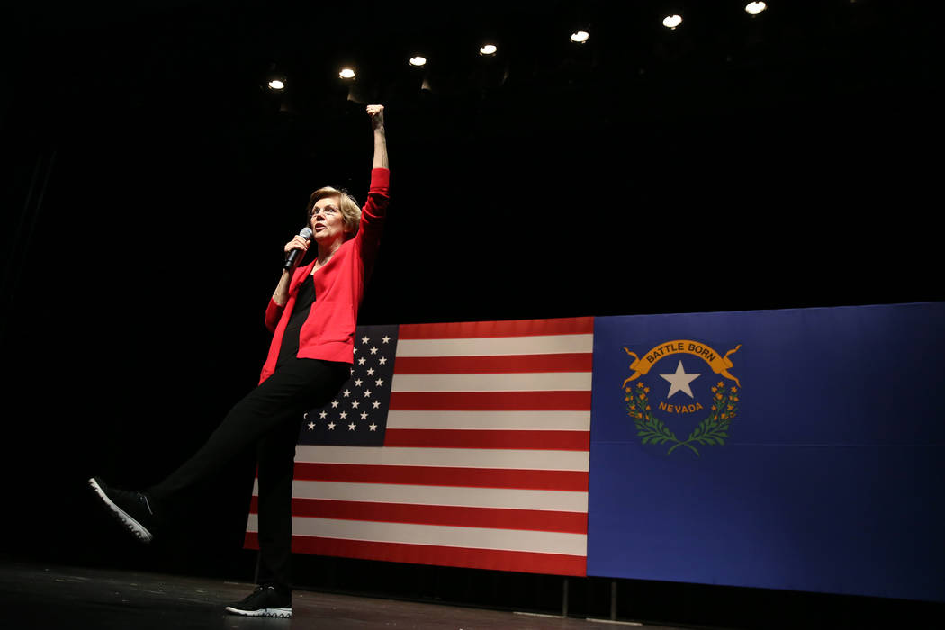 Democratic Presidential Candidate Elizabeth Warren speaks during a campaign rally at Centennial ...