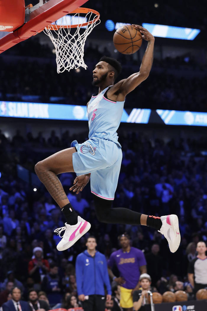 Miami Heat's Derrick Jones Jr. heads to the hoop during the NBA All-Star slam dunk contest in C ...