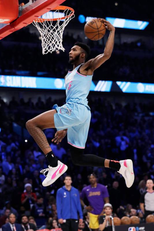 Miami Heat's Derrick Jones Jr. heads to the hoop during the NBA All-Star slam dunk contest in C ...