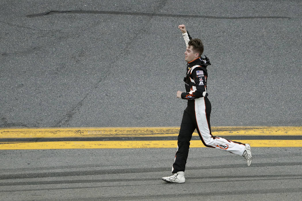 Noah Gragson celebrates his win in the NASCAR Xfinity series auto race Saturday, Feb. 15, 2020, ...