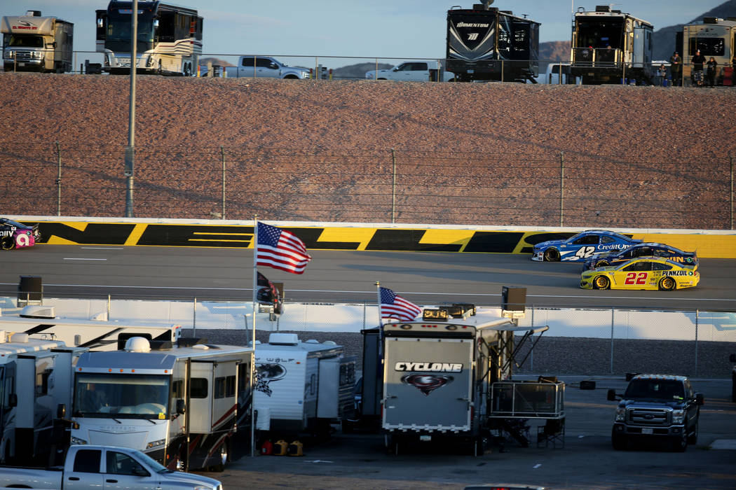 NASCAR Cup Series drivers Kyle Larson (42), Erik Jones (20) and Joey Logano (22) practice for S ...