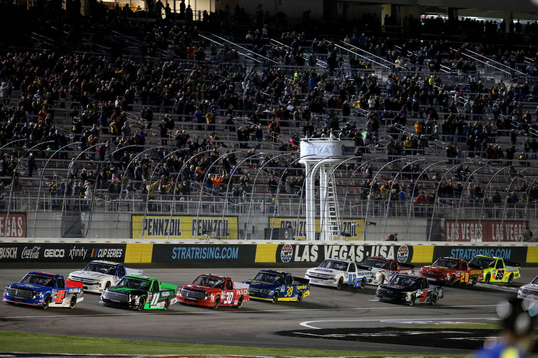 Racers at the start of the Strat 200 NASCAR Truck Series race at Las Vegas Motor Speedway Frida ...