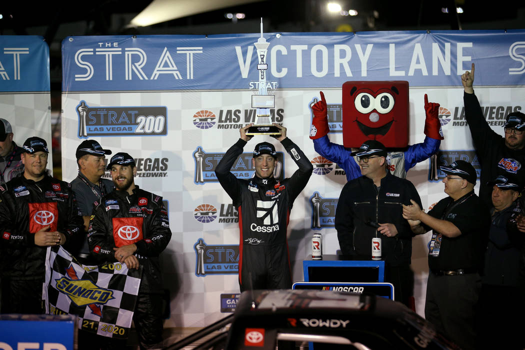 Kyle Busch celebrates winning the Strat 200 NASCAR Truck Series race at Las Vegas Motor Speedwa ...