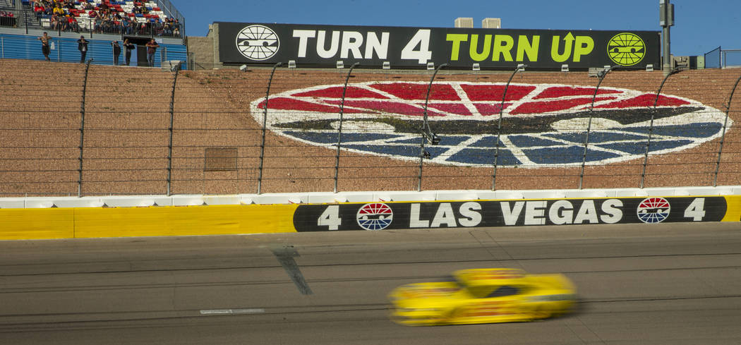 Joey Logano (22) cruises into turn four late in the race during the Pennzoil 400 presented by J ...