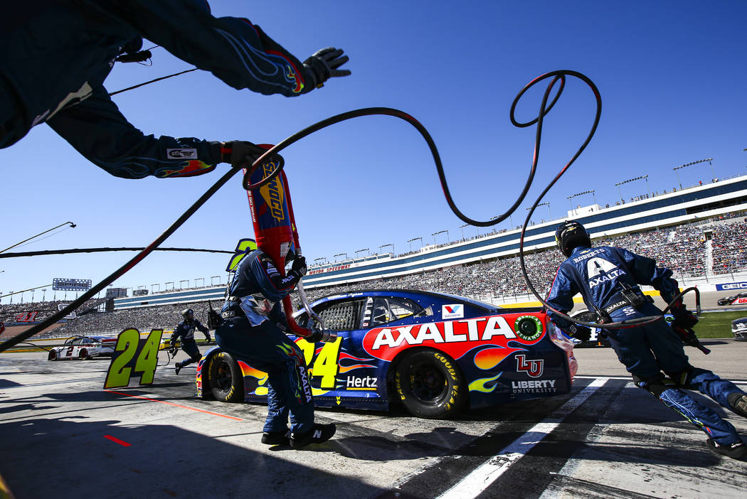 William Byron (24) pits during a NASCAR Cup Series auto race at the Las Vegas Motor Speedway on ...