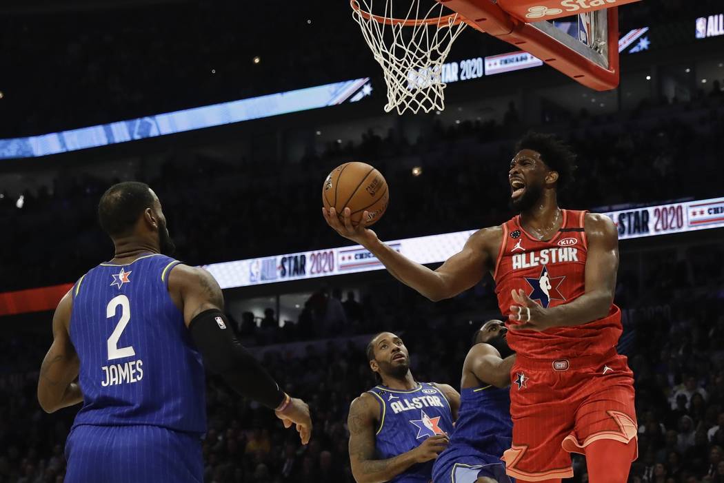 Joel Embiid of the Philadelphia 76ers shoots during the second half of the NBA All-Star basketb ...
