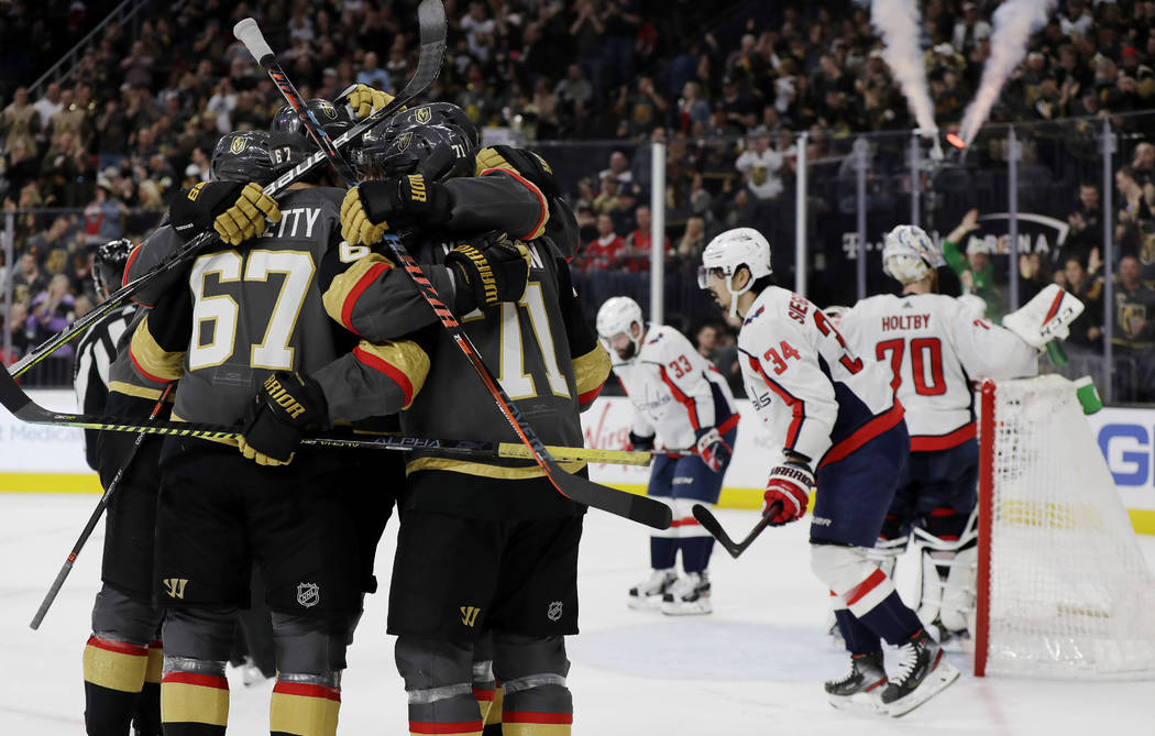 Vegas Golden Knights left wing Max Pacioretty (67) celebrates with teammates after scoring agai ...