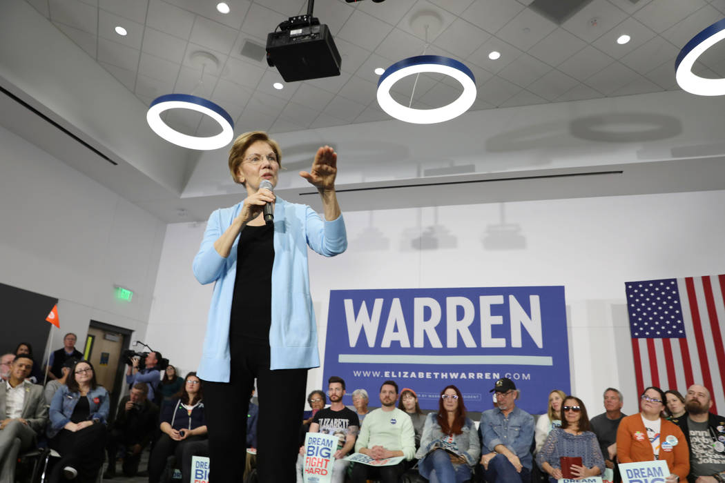 Sen. Elizabeth Warren speaks ahead of a town hall at College of Southern Nevada Henderson campu ...