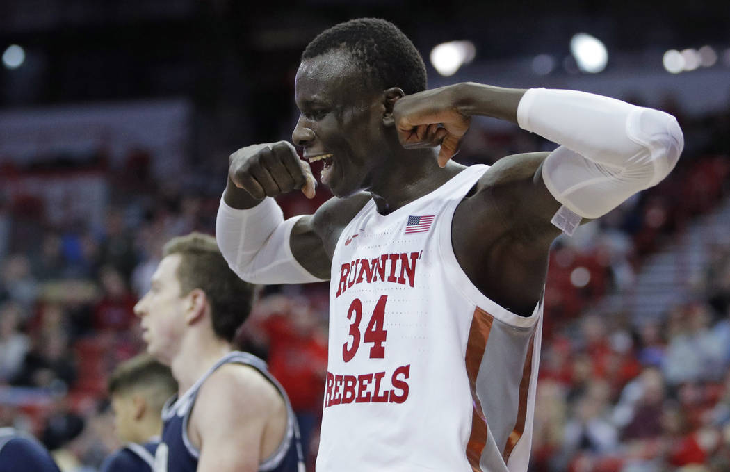 UNLV's Mbacke Diong (34) reacts after a play against Utah State during the second half of an NC ...