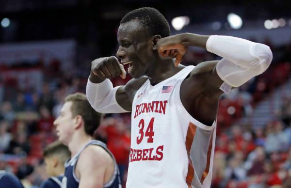 UNLV's Mbacke Diong (34) reacts after a play against Utah State during the second half of an NC ...