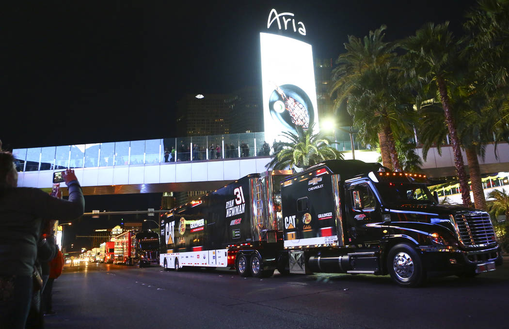 The hauler of Ryan Newman (31) parades down the Las Vegas Strip near Harmon Road ahead of the N ...