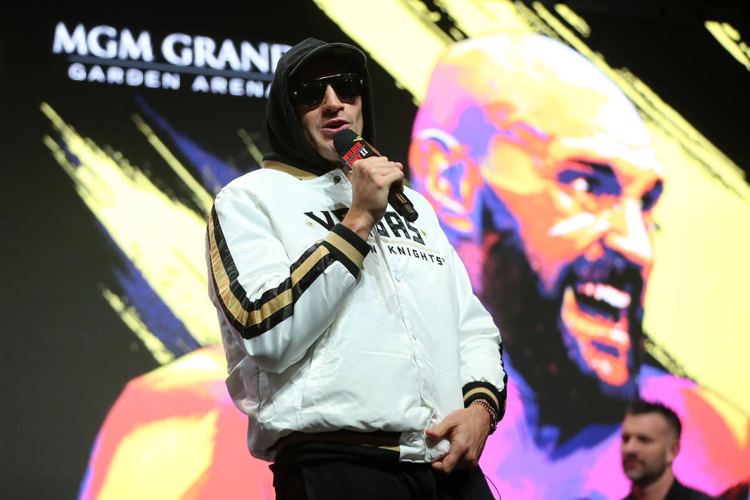 Heavyweight boxer Tyson Fury during a press conference at the MGM Grand Garden Arena in Las Veg ...