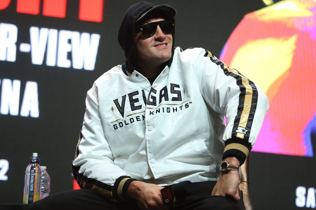 Heavyweight boxer Tyson Fury during a press conference at the MGM Grand Garden Arena in Las Veg ...